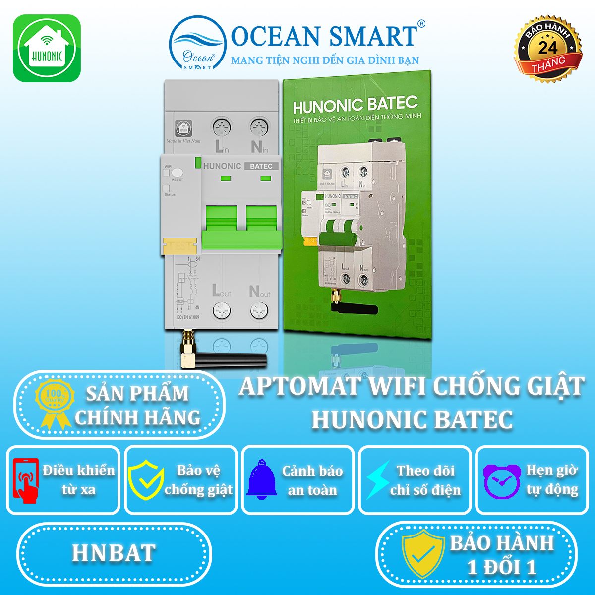 Aptomat Chống Giật Thông Minh Hunonic Batec - HNBAT